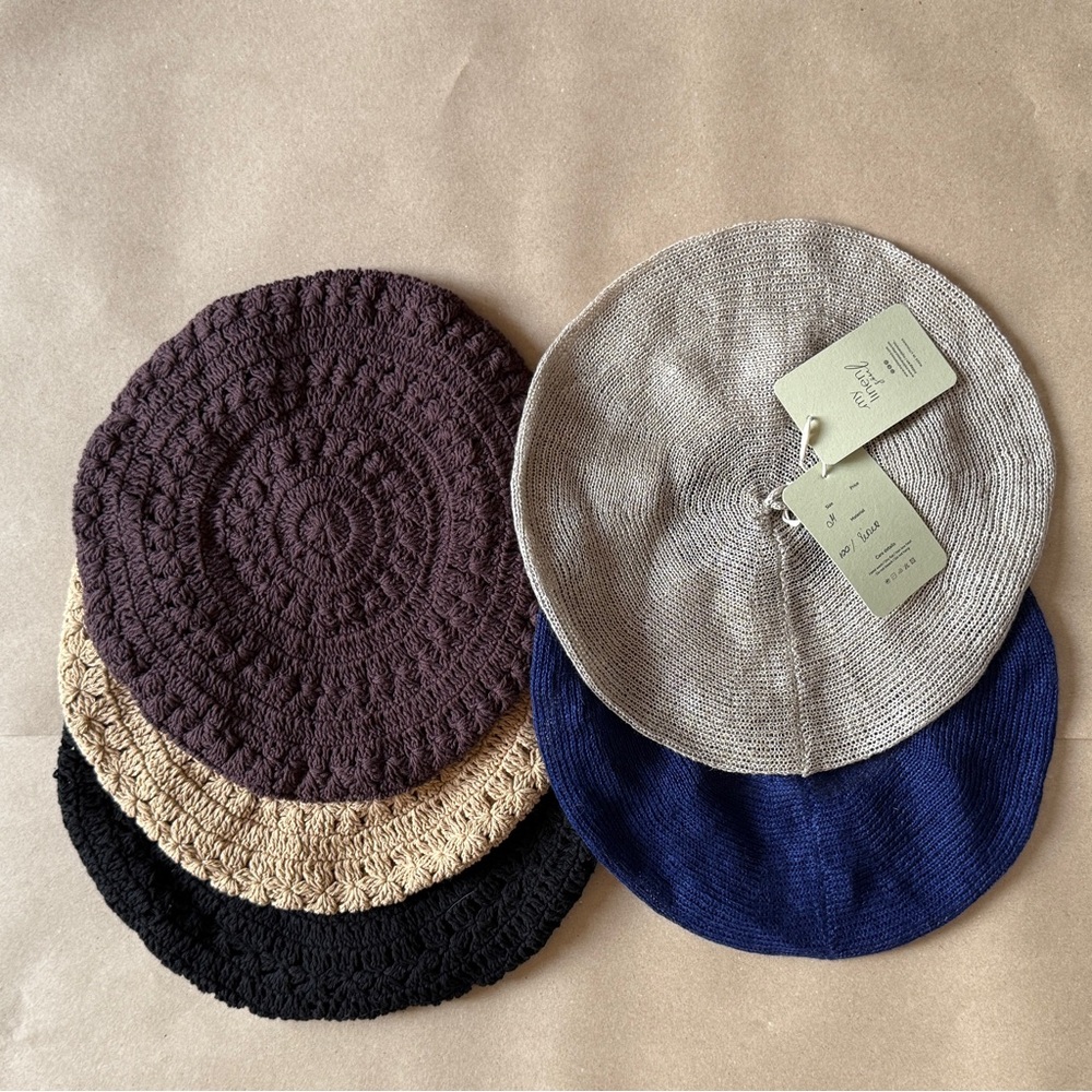 BERETS
3 Hand-Knitted Cotton - Brown, Tan, Black
2 Knitted Linen - Blue, Tan - Picture 3 of 16
